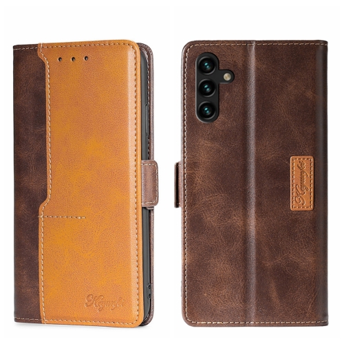 

For Samsung Galaxy A13 4G Contrast Color Side Buckle Leather Phone Case(Dark Brown + Gold)