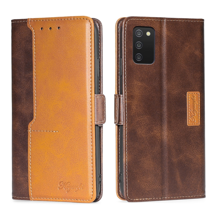 

For Samsung Galaxy A03S US Edition 165.85mm Contrast Color Side Buckle Leather Phone Case(Dark Brown + Gold)