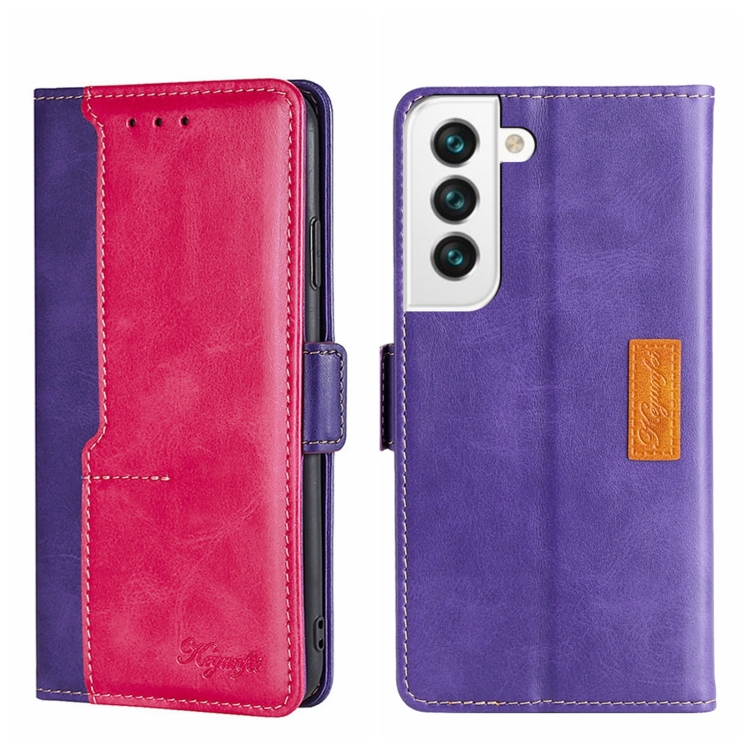 

For Samsung Galaxy S22 Contrast Color Side Buckle Leather Phone Case(Purple + Rose Red)