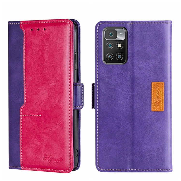 

For Xiaomi Redmi 10 Contrast Color Side Buckle Leather Phone Case(Purple + Rose Red)