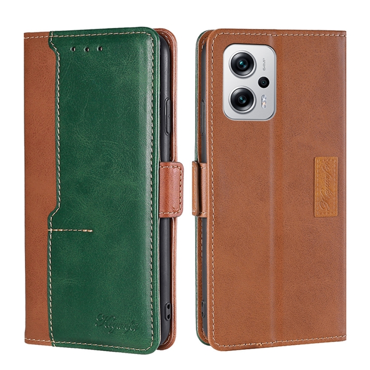 

For Xiaomi Redmi Note 11T Pro/Redmi Note 11T Pro+ 5G Contrast Color Side Buckle Leather Phone Case(Light Brown + Green)