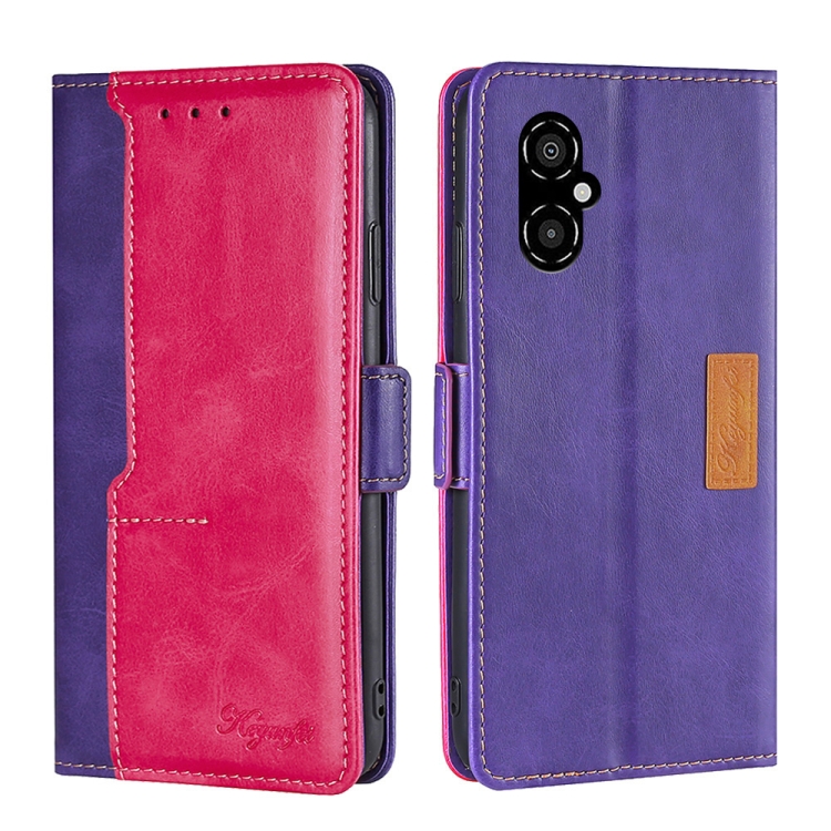 

For Xiaomi Poco M4 5G Contrast Color Side Buckle Leather Phone Case(Purple + Rose Red)