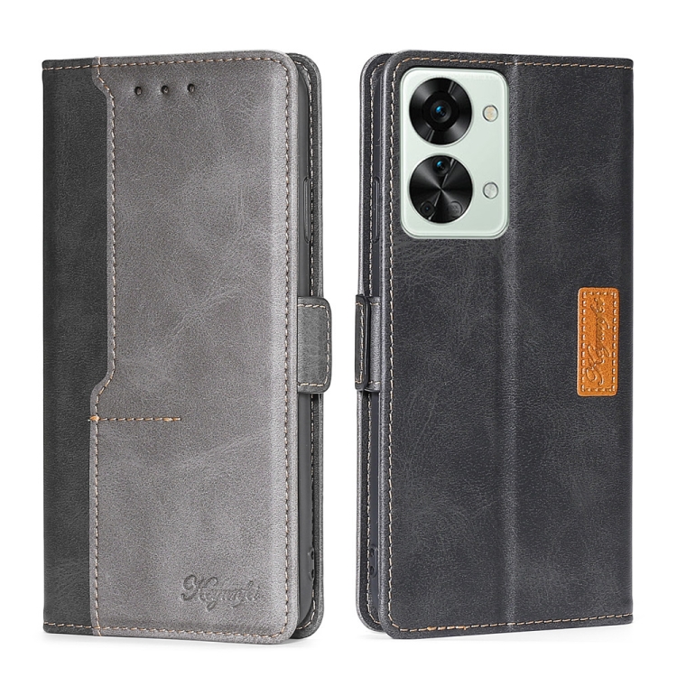 

For OnePlus Nord 2T Contrast Color Side Buckle Leather Phone Case(Black + Grey)