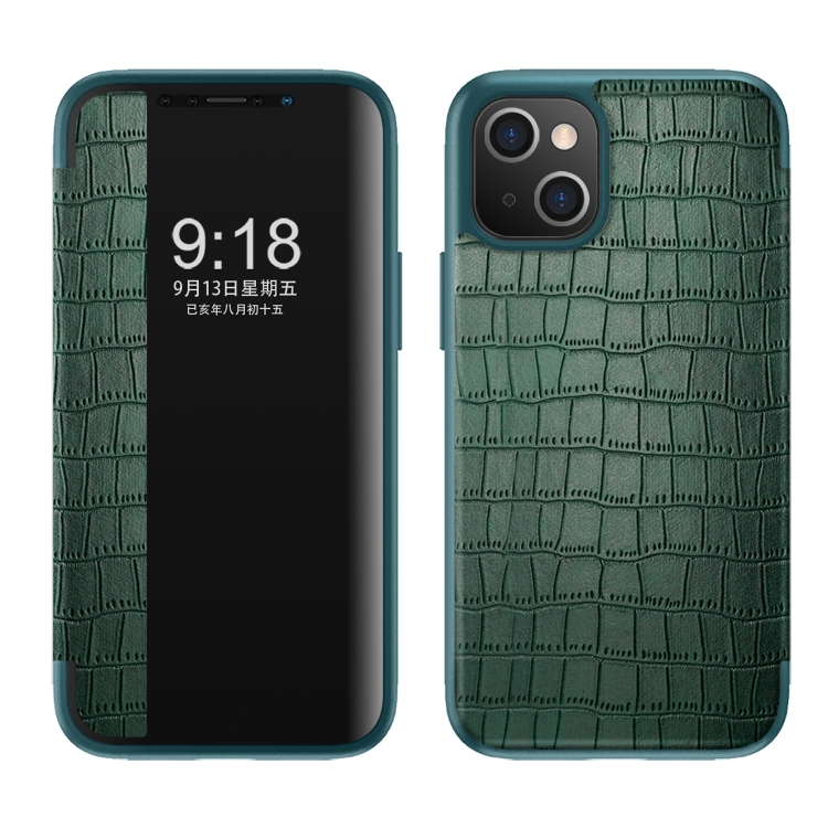 

Crocodile Texture Windows View Horizontal Flip Leather Case For iPhone 14(Green)