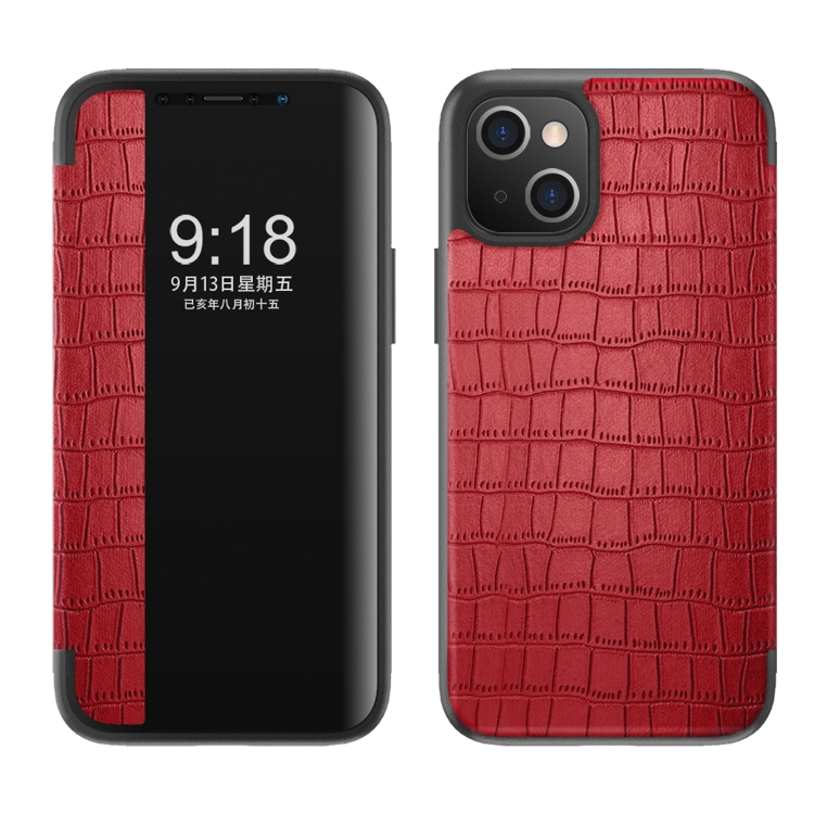 

Crocodile Texture Windows View Horizontal Flip Leather Case For iPhone 14 Max(Red)