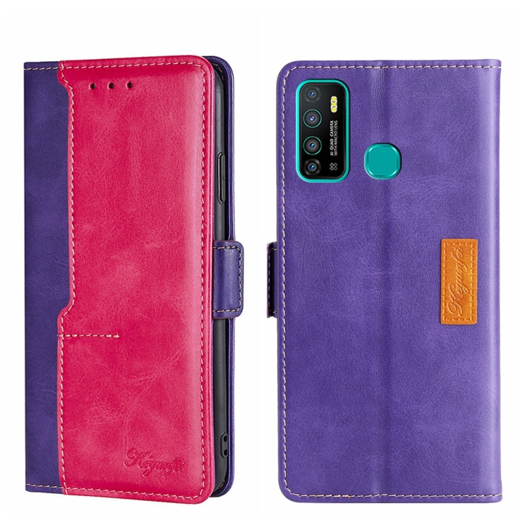 

For Infinix Hot 9/Note 7 Lite X655C Contrast Color Side Buckle Leather Phone Case(Purple + Rose Red)