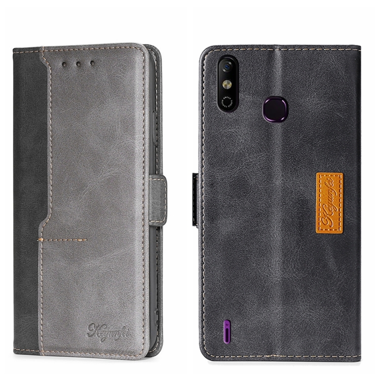 

For Infinix Smart 4 X653 Contrast Color Side Buckle Leather Phone Case(Black + Grey)