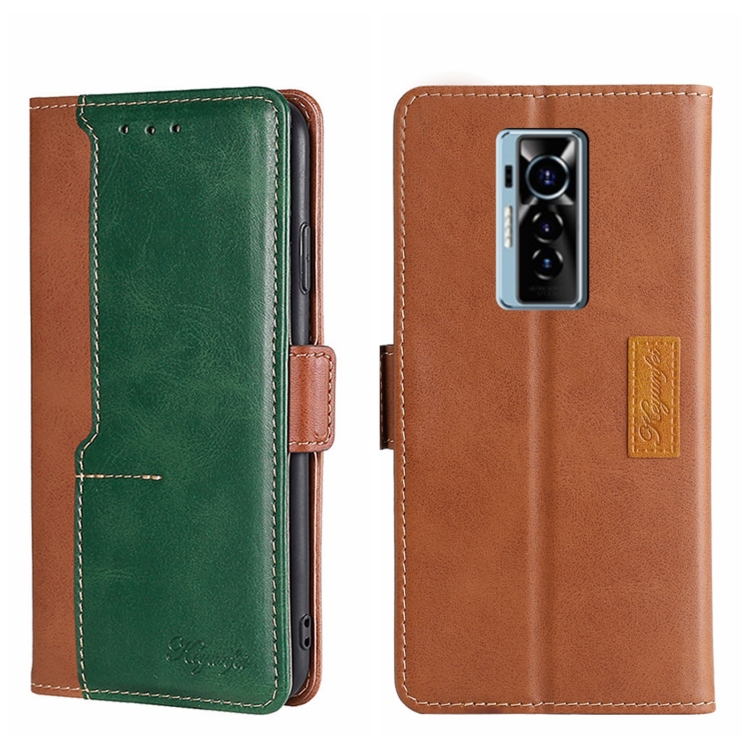 

For Tecno Phantom X Contrast Color Side Buckle Leather Phone Case(Light Brown + Green)