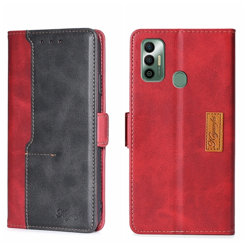 

For Tecno Spark 7 Contrast Color Side Buckle Leather Phone Case(Red + Black)