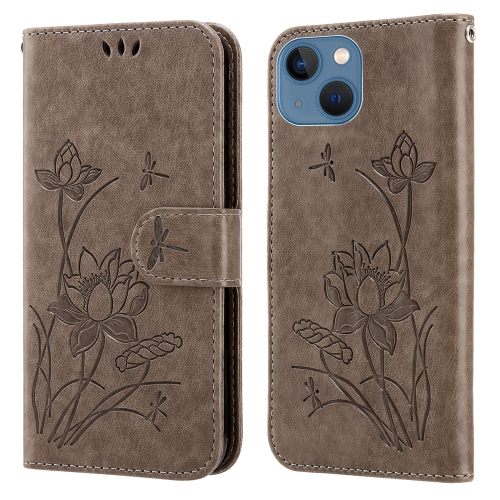 

For iPhone 14 Plus Lotus Embossed Leather Phone Case (Grey)