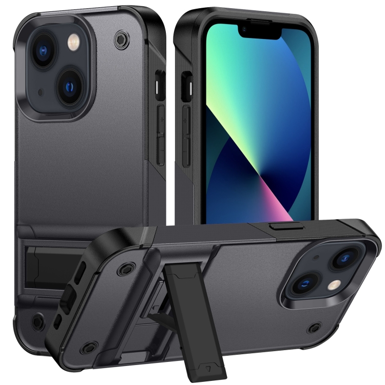 

PC + TPU Shockproof Phone Case with Holder For iPhone 14(Grey+Black)