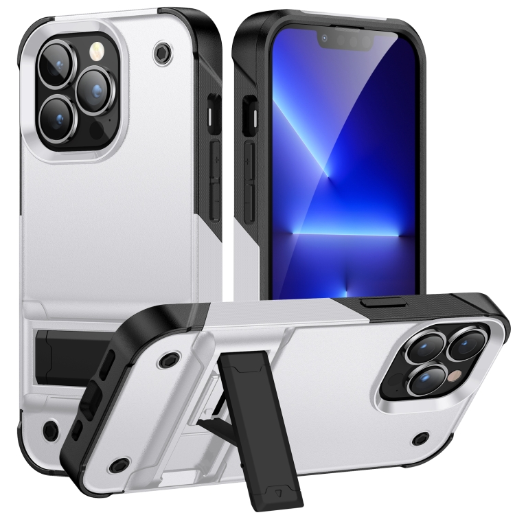 

PC + TPU Shockproof Phone Case with Holder For iPhone 14 Pro Max(White+Black)