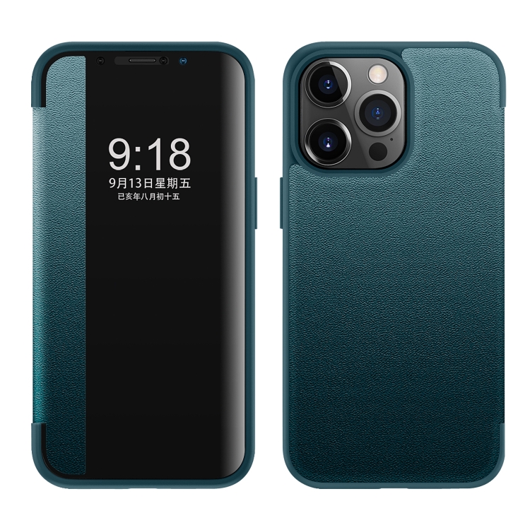 

For iPhone 14 Pro Magnetic Side Window View Shockproof Horizontal Flip Leather Case(Green)