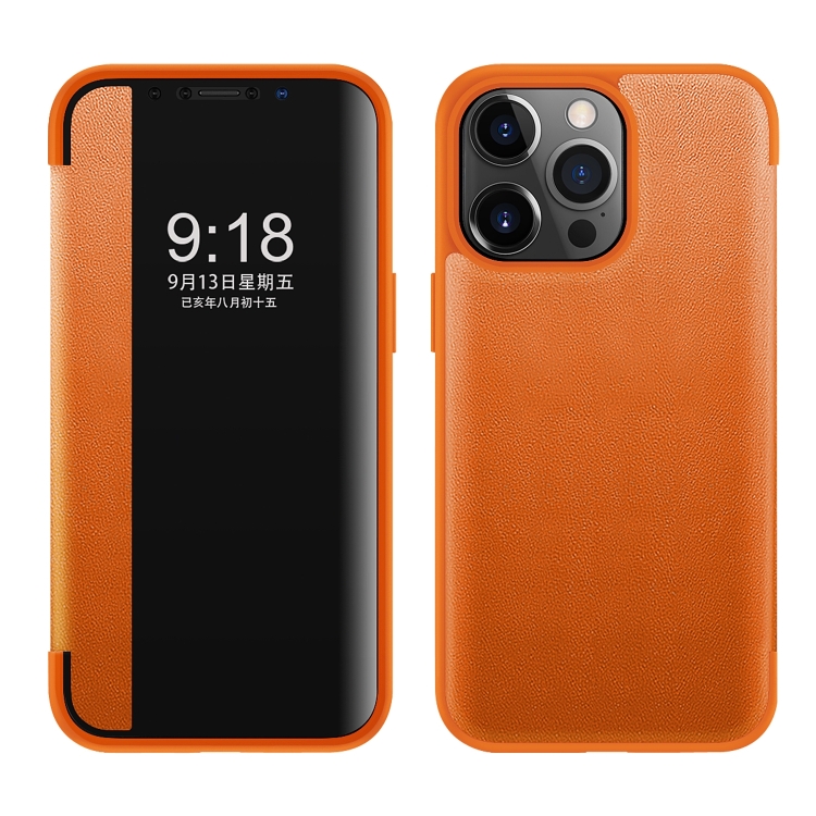 

For iPhone 14 Pro Magnetic Side Window View Shockproof Horizontal Flip Leather Case(Orange)