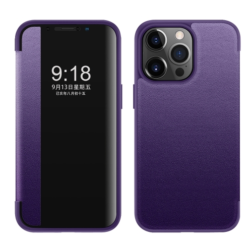 

For iPhone 14 Pro Max Magnetic Side Window View Shockproof Horizontal Flip Leather Case (Purple)