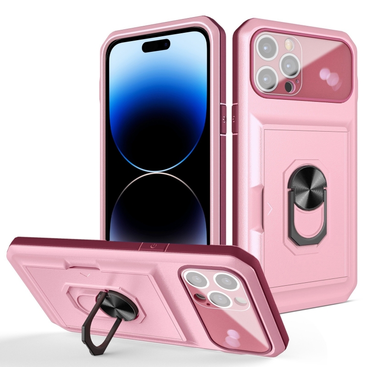 

Card Ring Holder PC + TPU Phone Case For iPhone 14 Pro(Pink+Wine Red)