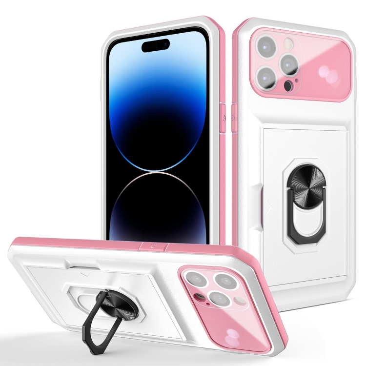 

Card Ring Holder PC + TPU Phone Case For iPhone 14 Pro Max(White+Pink)