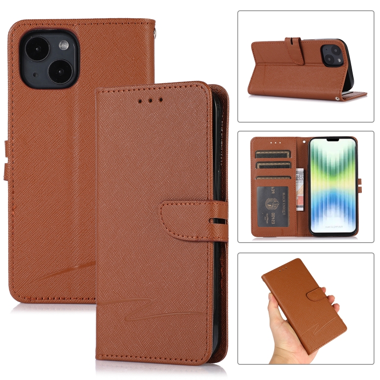 

For iPhone 14 Cross Texture Horizontal Flip Leather Phone Case (Brown)