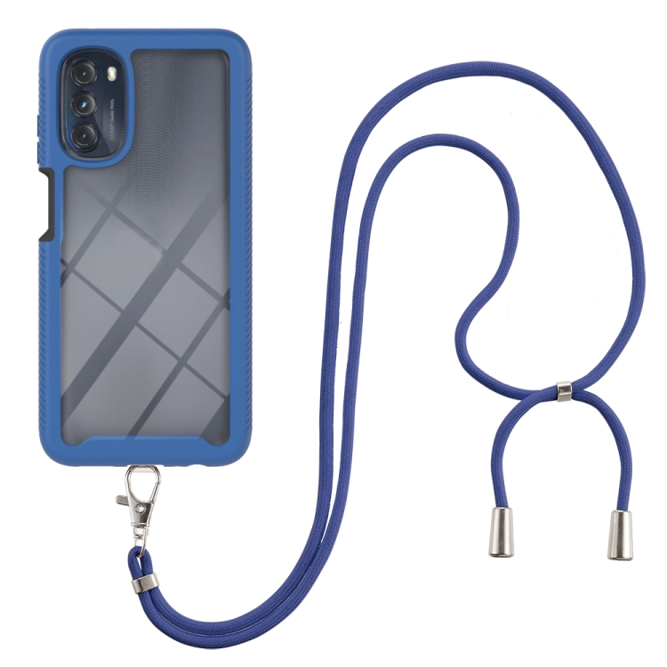 

Starry Sky Solid Color Series Shockproof PC + TPU Phone Case with Neck Strap For Motorola Moto G 5G 2022(Blue)