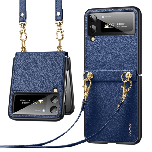 

For Samsung Galaxy Z Flip3 5G SULADA Litchi Texture Leather + TPU Phone Case with Strap(Blue)
