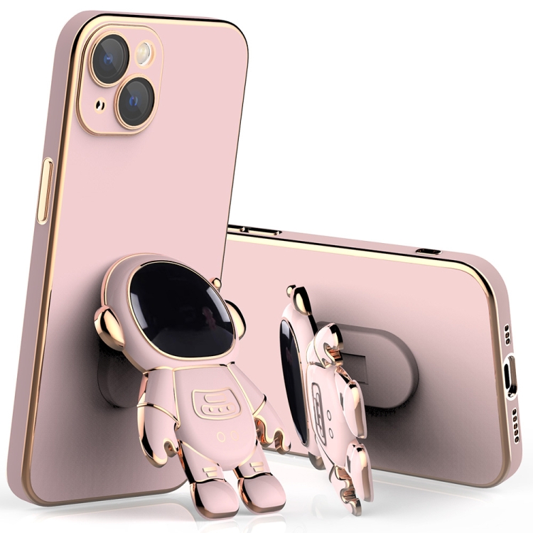 

Plating Astronaut Holder Phone Case with Lens Film For iPhone 13(Pink)