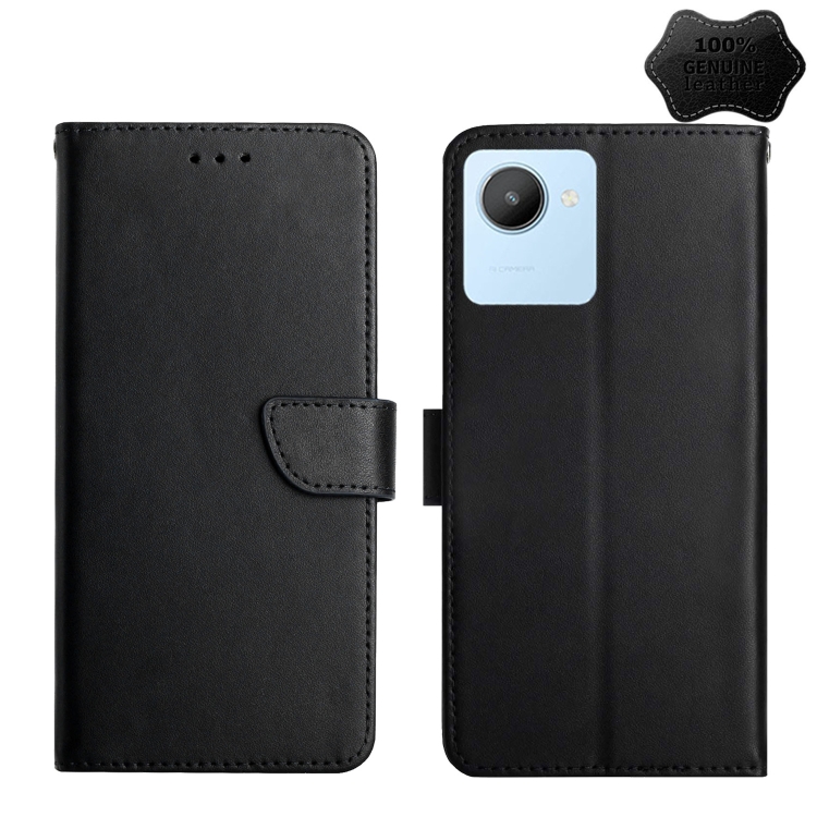 

For OPPO Realme C30 Genuine Leather Fingerprint-proof Flip Phone Case(Black)