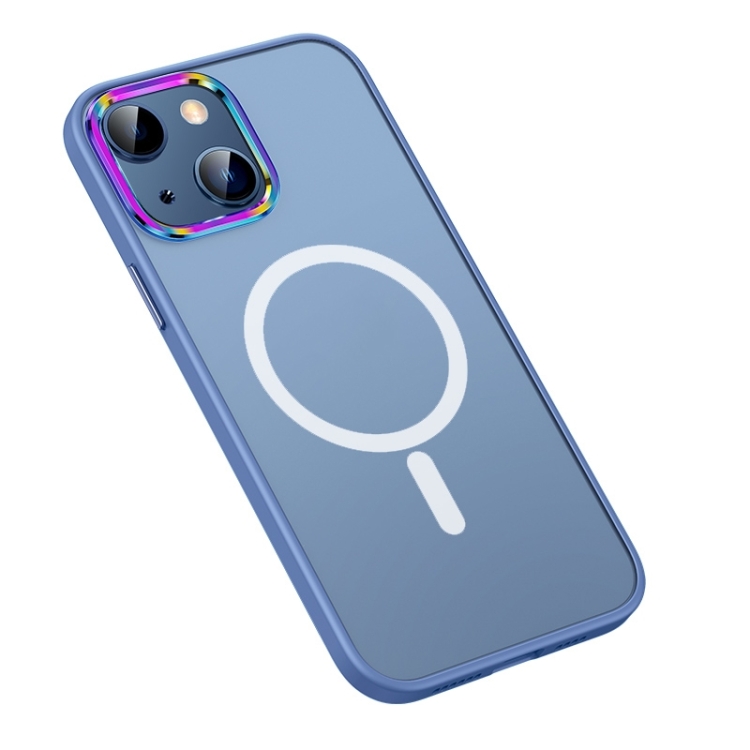 

MagSafe Colorful Metal Lens Ring Matte PC + TPU Phone Case For iPhone 14(Blue)
