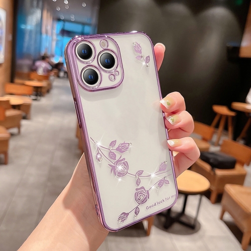 

Rose Pattern Electroplating Silicone Phone Case For iPhone 13 Pro(Purple)
