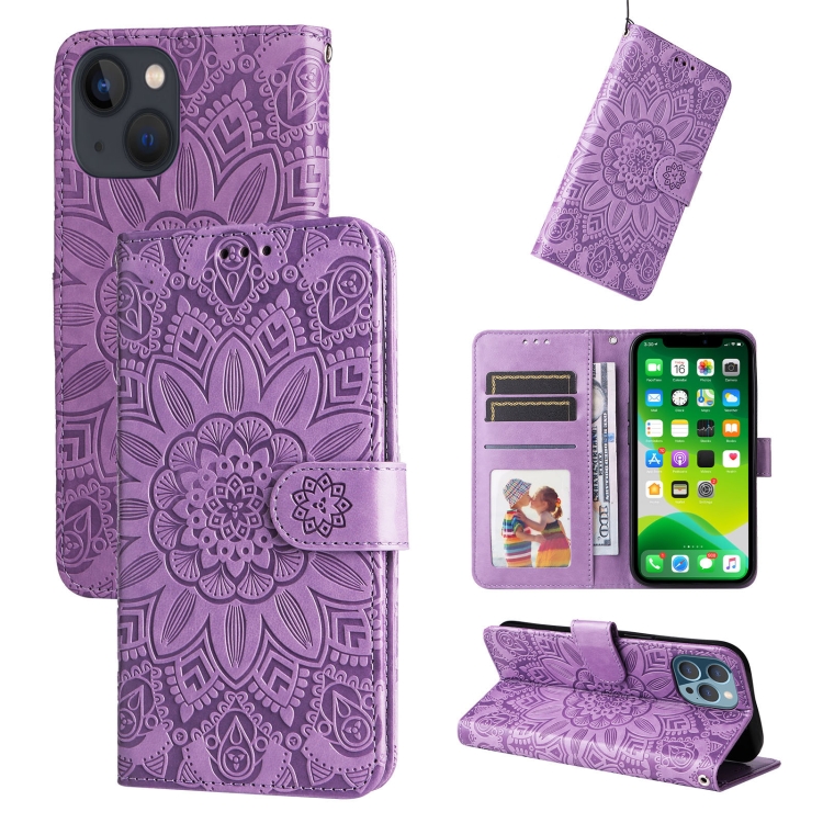 

Embossed Sunflower Leather Phone Case For iPhone 13 mini(Purple)