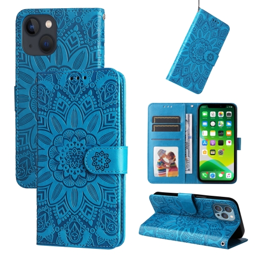 

Embossed Sunflower Leather Phone Case For iPhone 13(Blue)