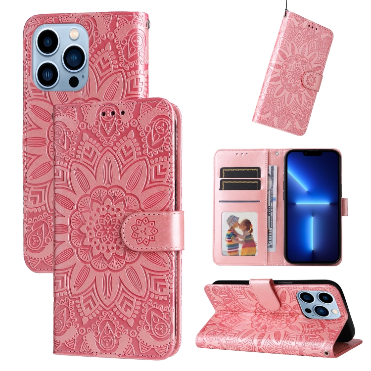 

Embossed Sunflower Leather Phone Case For iPhone 13 Pro(Pink)