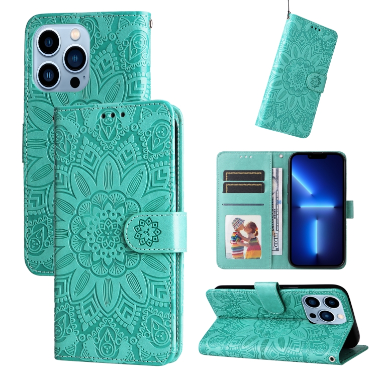 

Embossed Sunflower Leather Phone Case For iPhone 13 Pro Max(Green)