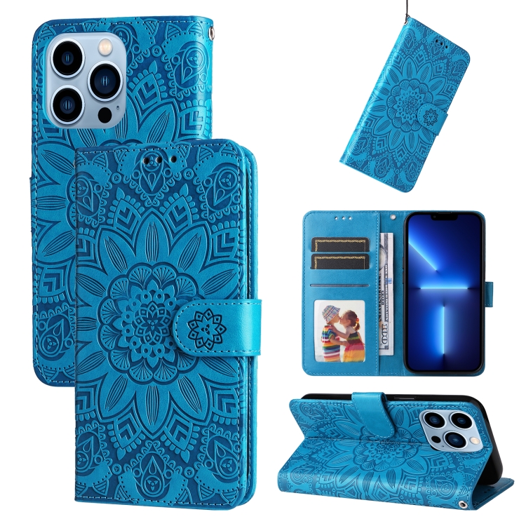 

Embossed Sunflower Leather Phone Case For iPhone 13 Pro Max(Blue)