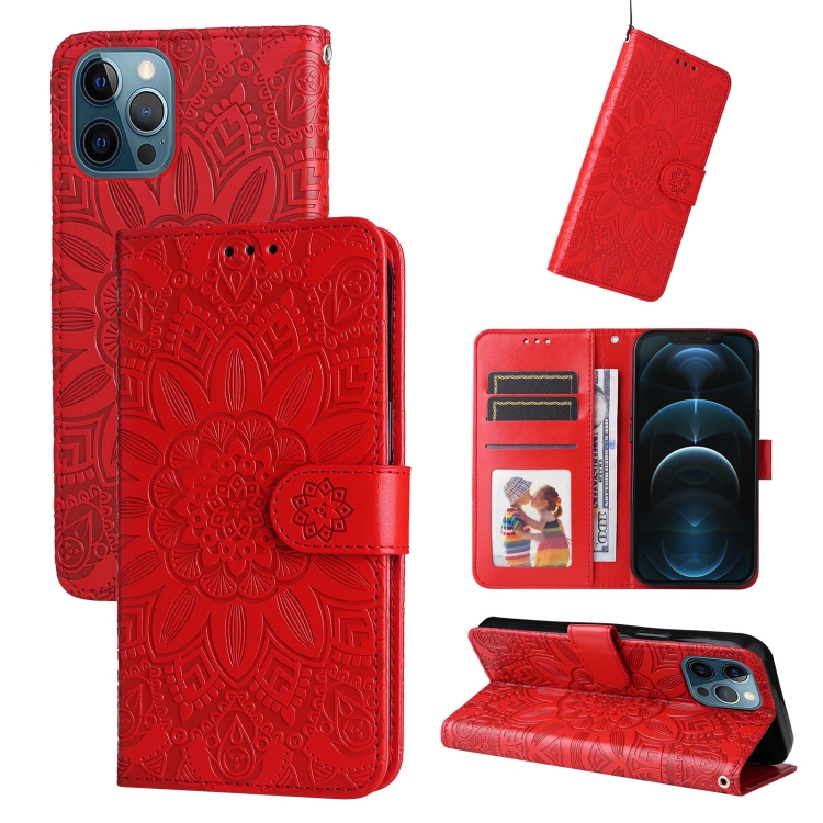 

Embossed Sunflower Leather Phone Case For iPhone 12 Pro Max(Red)