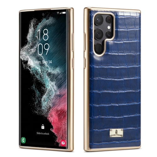 

For Samsung Galaxy S22 Ultra 5G Fierre Shann Crocodile Texture Electroplating PU Phone Case(Blue)