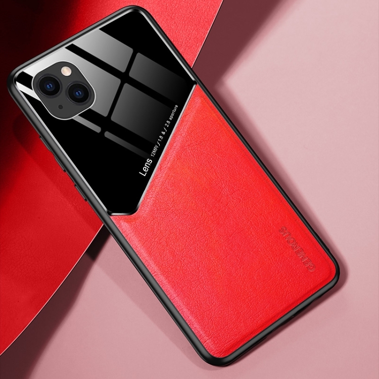 

For iPhone 14 Leather + Organic Glass Protective Phone Case (Red)