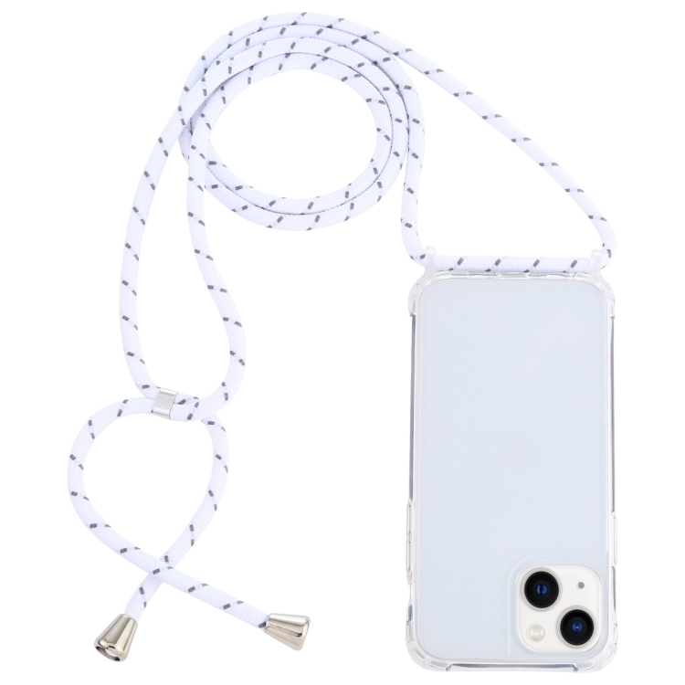 

For iPhone 14 Transparent Acrylic Airbag Shockproof Phone Protective Case with Lanyard (White Grey Rough Grain)