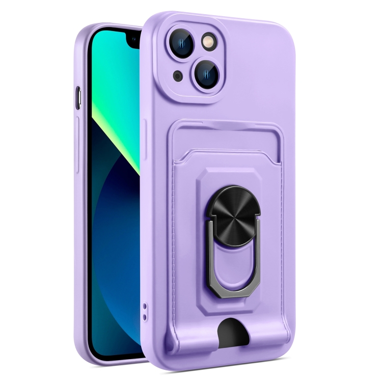 

For iPhone 14 Ring Kickstand Card Wallet TPU Phone Case (Purple)