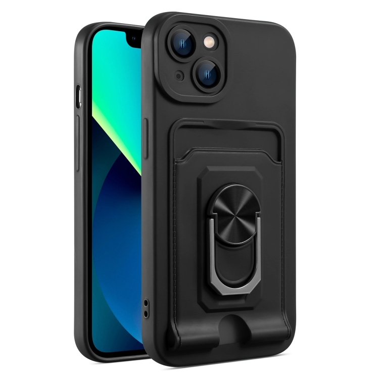 

For iPhone 14 Plus Ring Kickstand Card Wallet TPU Phone Case (Black)