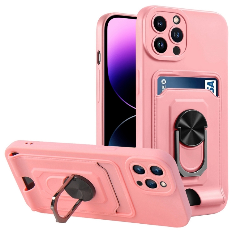 

For iPhone 14 Pro Ring Kickstand Card Wallet TPU Phone Case(Pink)