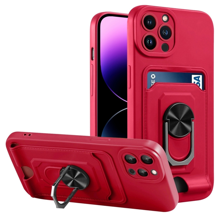 

For iPhone 14 Pro Max Ring Kickstand Card Wallet TPU Phone Case (Red)