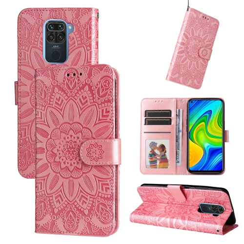 

For Xiaomi Redmi Note 9 4G Foreign Version / 10X 4G Embossed Sunflower Leather Phone Case(Pink)