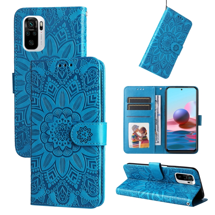 

For Xiaomi Redmi Note 10 4G / Note 10S 4G Embossed Sunflower Leather Phone Case(Blue)
