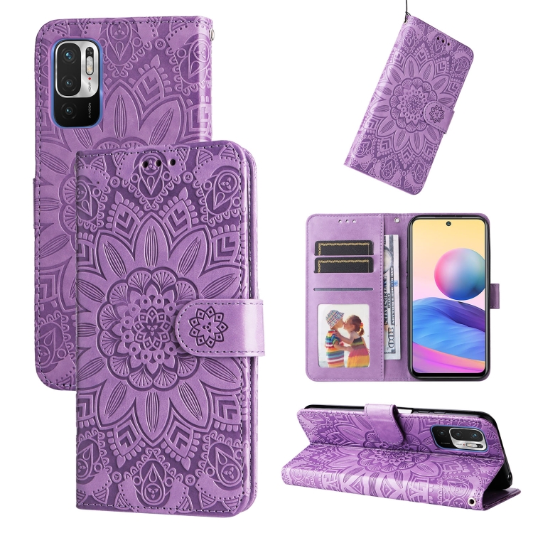 

For Xiaomi Redmi Note 10 5G Embossed Sunflower Leather Phone Case(Purple)