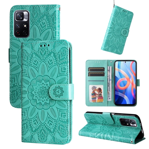 

For Xiaomi Redmi Note 11 5G / Poco M4 Pro 5G Embossed Sunflower Leather Phone Case(Green)