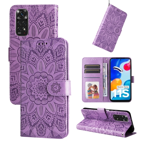 

For Xiaomi Redmi Note 11S / Note 11 4G Foreign Version Embossed Sunflower Leather Phone Case(Purple)