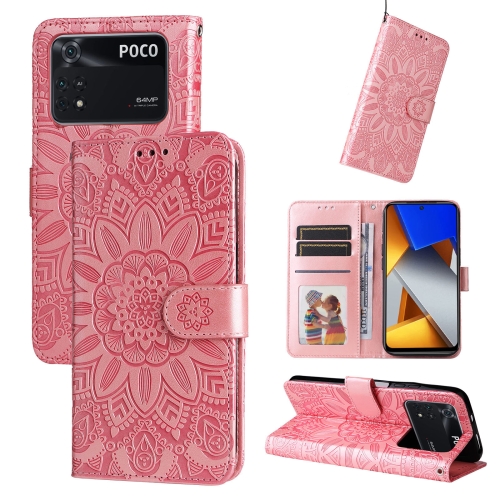 

For Xiaomi Poco M4 Pro 4G Embossed Sunflower Leather Phone Case(Pink)