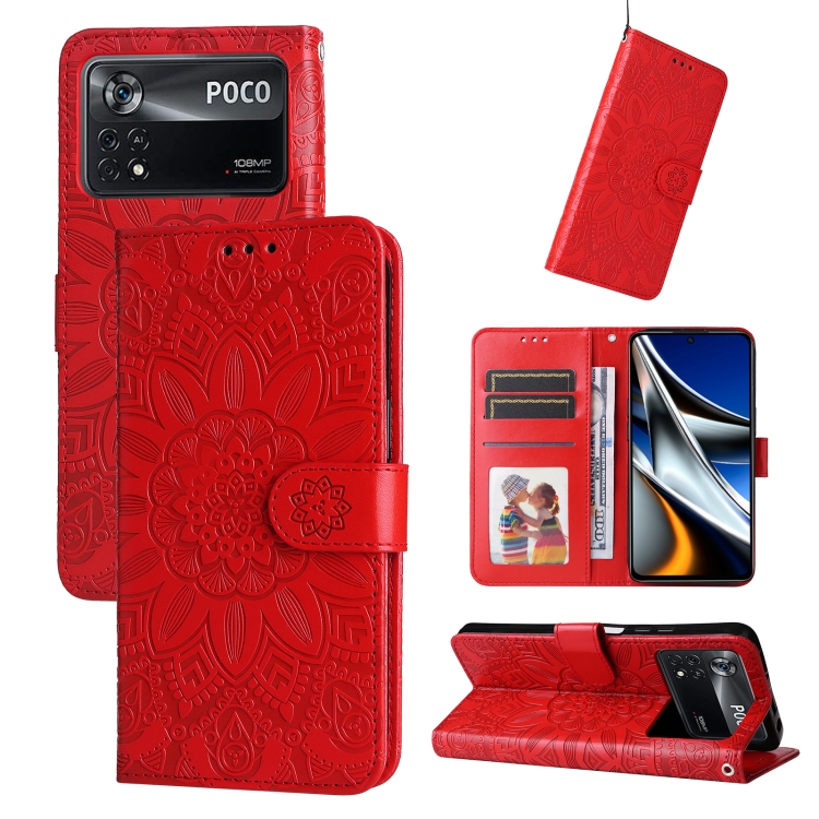 

For Xiaomi Poco X4 Pro 5G Embossed Sunflower Leather Phone Case(Red)