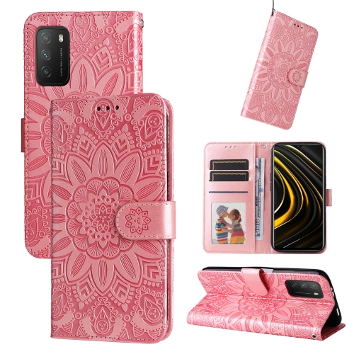 

For Xiaomi Poco M3 / Redmi 9T / Redmi 9 Power Embossed Sunflower Leather Phone Case(Pink)
