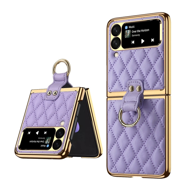 

For Samsung Galaxy Z Flip4 Diamond Lattice Plain Leather Ring Phone Case(Purple)